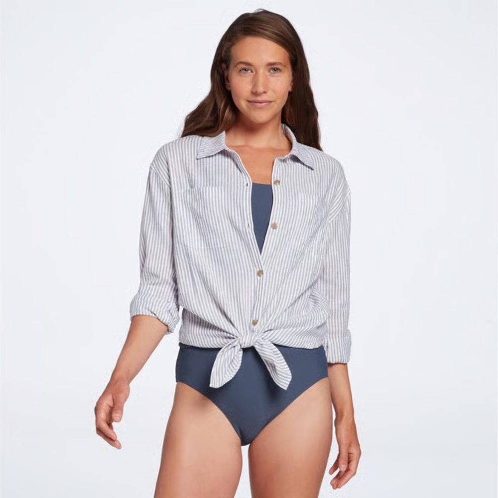 CALIA by Carrie Underwood Long Sleeve Utility Shirt Cover Up Denim Blue Beach